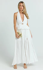 Heidi Maxi Dress - Deep V Plunge Halter Neck Brooch Detail Split Skirt Dress in White