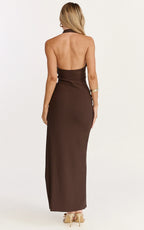 Ruby Maxi Dress - Halter Scoop Neck Low Back Bodycon Dress in Chocolate