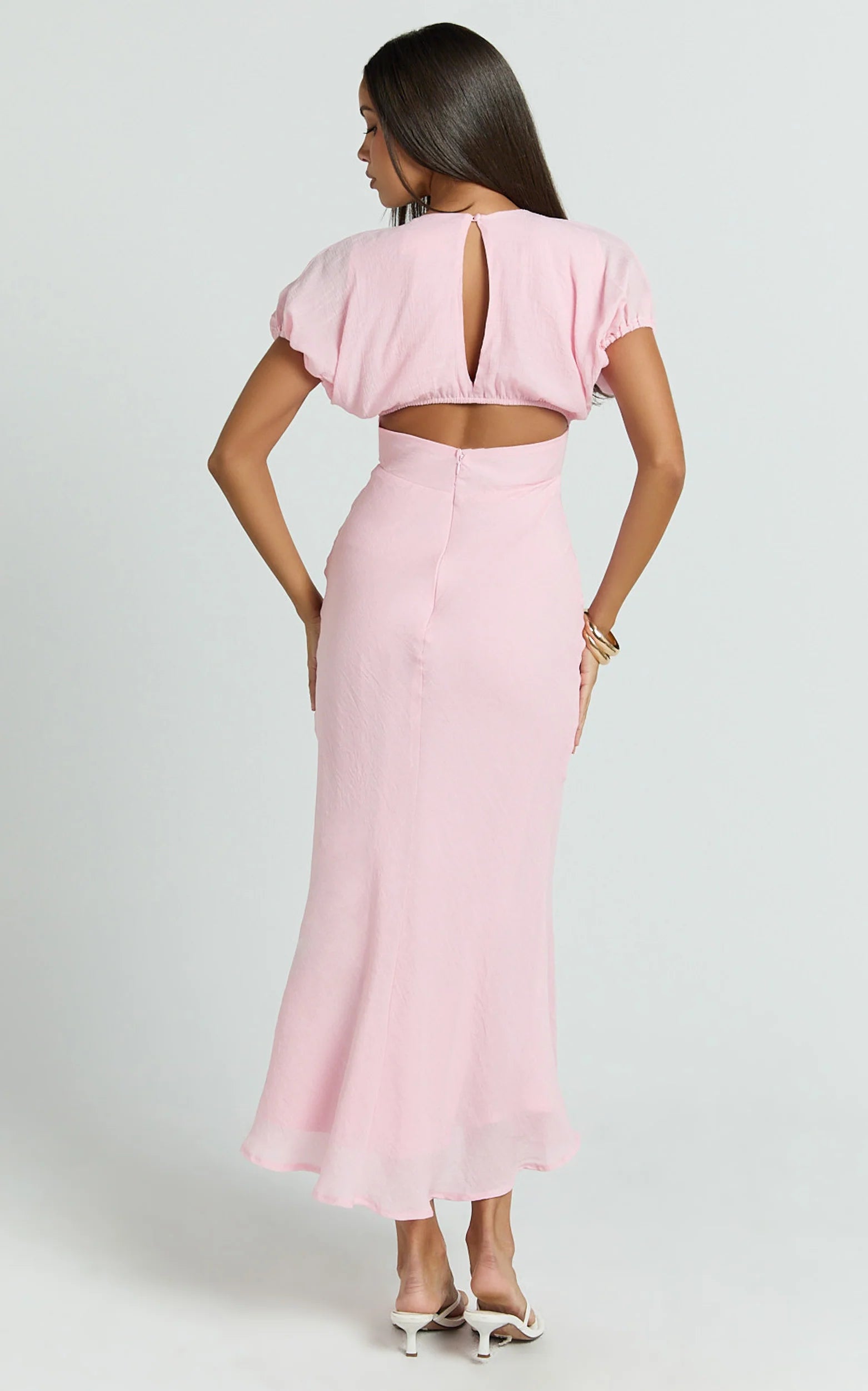 Desiree Midi Dress - V Neck Flutter Short Sleeve Slip Dress in Pink
