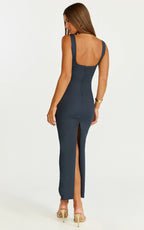 Benita Midi Dress - Scoop Neck Ruched Fitted Dress in Navy