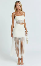 Evie Two Piece Top and Skirt Set - Fringed Micro Top And Tiered Fringed Mini Skirt in Ivory