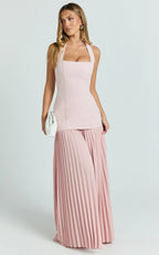 Loretta Maxi Dress - Contrast Halter Neck Pleated Dress in Pink