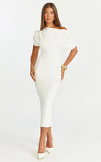 Nalfie Midi Dress - Tipped Shoulder Jersey Drape Dress in White