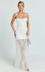Alana Maxi Dress - Lace Sequin Cowl Neck Dress in White