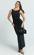 Gail Maxi Dress - Jersey Scoop Neck Open Back Bodycon Dress in Black