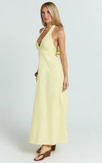 Connor Maxi Dress - Halter Neck Tie Back Dress in Lemon