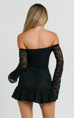 Frieda Mini Dress - Off Shoulder Flared Long Sleeve Stretch Lace Dress in Black