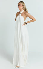 Jhazmine Maxi Dress - Halterneck Linen Gold Trim Dress in Off White