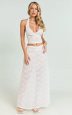 Sally Two Piece Set - Stretch Lace Halter Top and Maxi Skirt Set in White