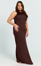 Indi Maxi Dress - Boat Neck Bodycon Dress in Chocolate