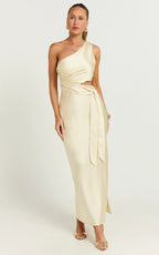 Regina Midi Dress - One Shoulder Cut Out Side Detail  Dress in Butter