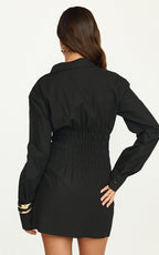 Eugenia Mini Dress - Long Sleeve Smocked Shirt Mini Dress in Black