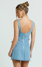 Delia Mini Dress - Denim Fit And Flare Dress in Light Blue Wash