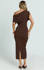 Nalfie Midi Dress - Tipped Shoulder Jersey Drape Dress in Chocolate