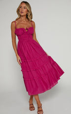 Schiffer Midi Dress - Strappy Ruched Tie Front Tiered Dress in Raspberry