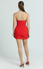 Natalie Mini Dress - Strapless Draped Skirt Dress in Red