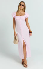 Welmina Midi Dress - Short Sleeve Placket Front Dress in Pale Pink