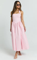 Helda Midi Dress - Halter Tie Neck Corset Panel Dress in Pink