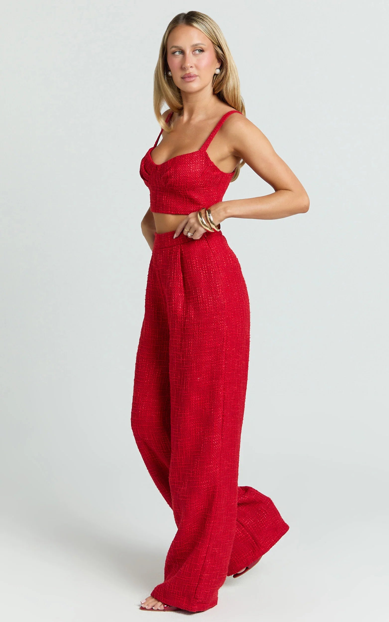 Sylvia Two Piece Set - Corset Top and High Waisted Wide Leg Pants Set in Red
