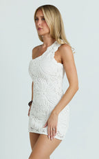 Charlene Mini Dress - Crochet Knitted One Shoulder Dress in White
