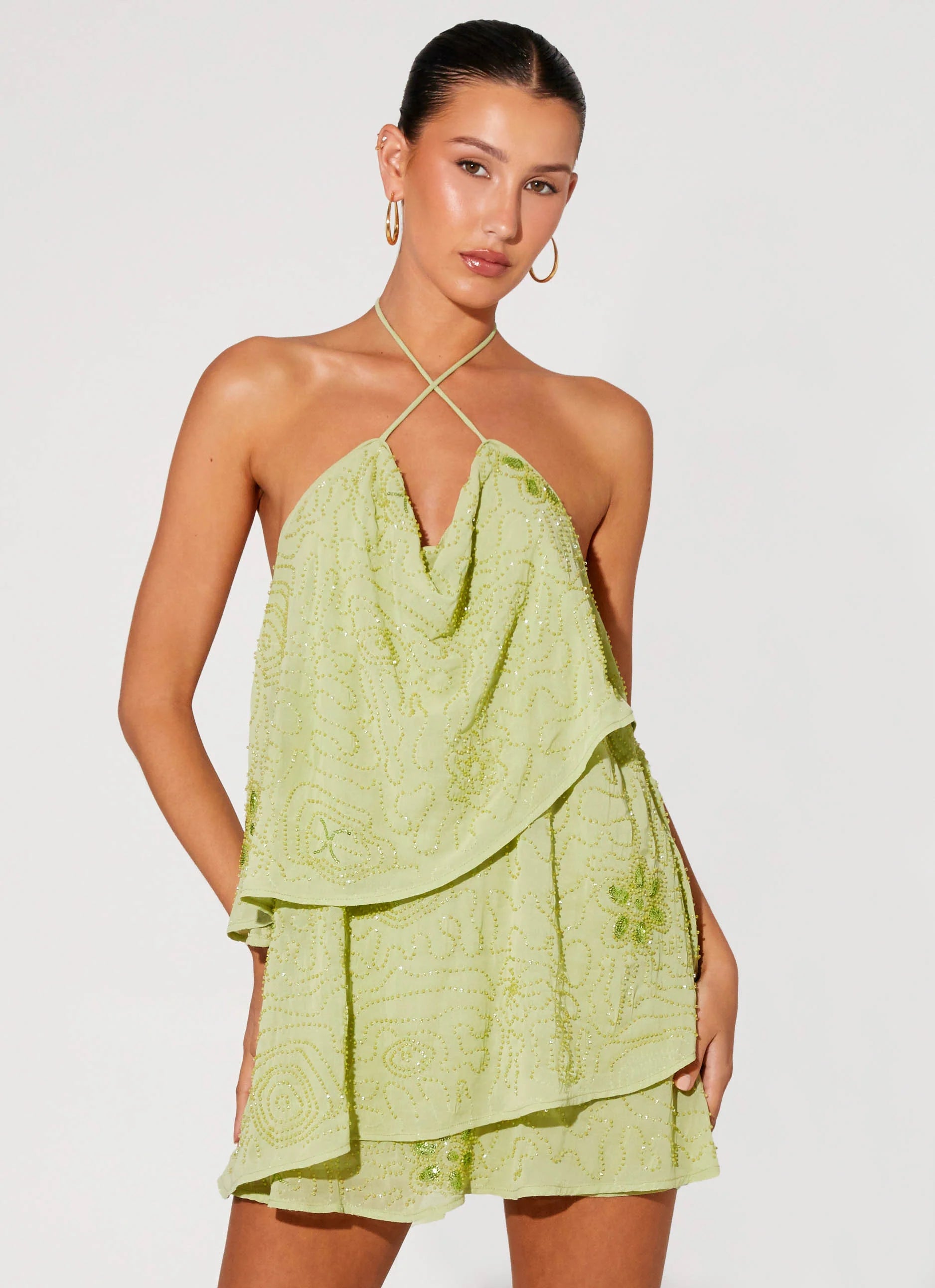On The Go Beaded Mini Dress - Mint