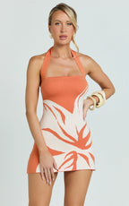 Amy Mini Dress - Knit Straight Halter Neck Bodycon Dress in Orange Intarsia Print