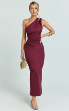 Karlie Midi Dress - One Shoulder Fitted Dress in Wine