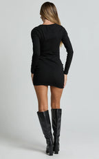 Brielle Mini Dress - Long Sleeve Ruched Bodycon Dress in Black