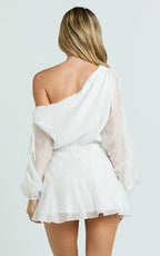 Hayes Mini Dress - Off Shoulder Bellow Top Flip Skirt Dress in White