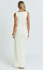 Joanne Maxi Dress - Scoop Neck Fringe Dress in Ivory