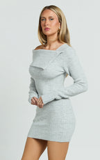 Tess Mini Dress - Asymmetric Off Shoulder Long Sleeve Knit Dress in Light Grey Marl