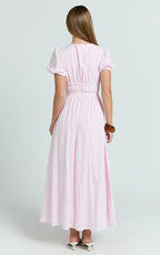Matteo Midi Dress - Deep V Neck Puff Sleeve Dress in Pink