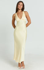 Khalani Midi Dress - Deep V Neck Satin Slip Dress in Butter Yellow