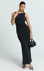Gail Maxi Dress - Jersey Scoop Neck Open Back Bodycon Dress in Black