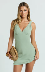 Gabrielle Mini Dress - Knot Strap Detail Mini Dress in Sage