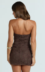 Tamika Mini Dress - Crochet Strapless Bodycon Dress in Chocolate