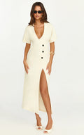 Makayla Midi Dress - Low Cut Button Down Midi Dress in Cream