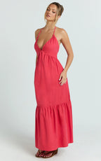 Augusta Midi Dress - Gathered Halter Neck Tiered Midi Dress in Red