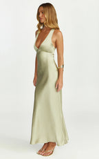Khalani Midi Dress - Deep V Neck Satin Slip Dress in Light Olive