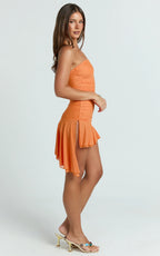 Haylee Mini Dress - Mesh Strapless Drop Waist Dress in Orange