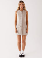 Lou Button Up Mini Dress - Beige