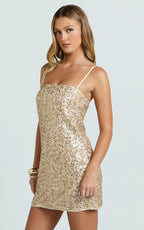 Lily Mini Dress - Sequin Square Neck Shift Dress in Gold