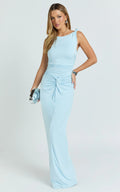 Ginny Maxi Dress - Jersey Ruched V Waist Dress in Blue
