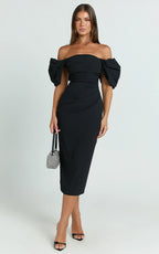 Lohan Midi Dress - Off Shoulder Puff Sleeve in Black