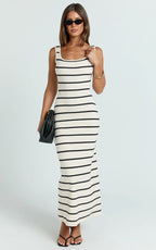 Lucille Maxi Dress - Sleeveless Striped Sweater Dress in Cream / Black Stripe
