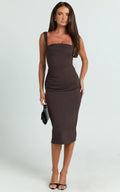 Tiffy Midi Dress - Square Neck Ruched Bodycon Dress in Chocolate