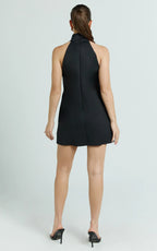 Polly Mini Dress - High Neck Keyhole Shift Dress in Black