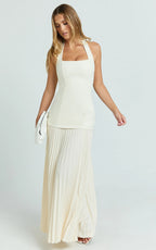 Loretta Maxi Dress - Contrast Halter Neck Pleated Dress in Pastel Yellow