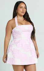 Gabbie Mini Dress - Jacquard Halter Fit And Flare Dress in Pink