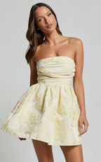 Laure Mini Dress - Strapless Jacquard Dress in Lemon